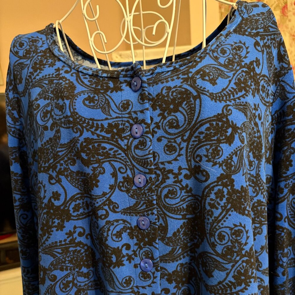 Womens Button Down Velour Dress, sz 18/20, Royal blue & Black Paisley
